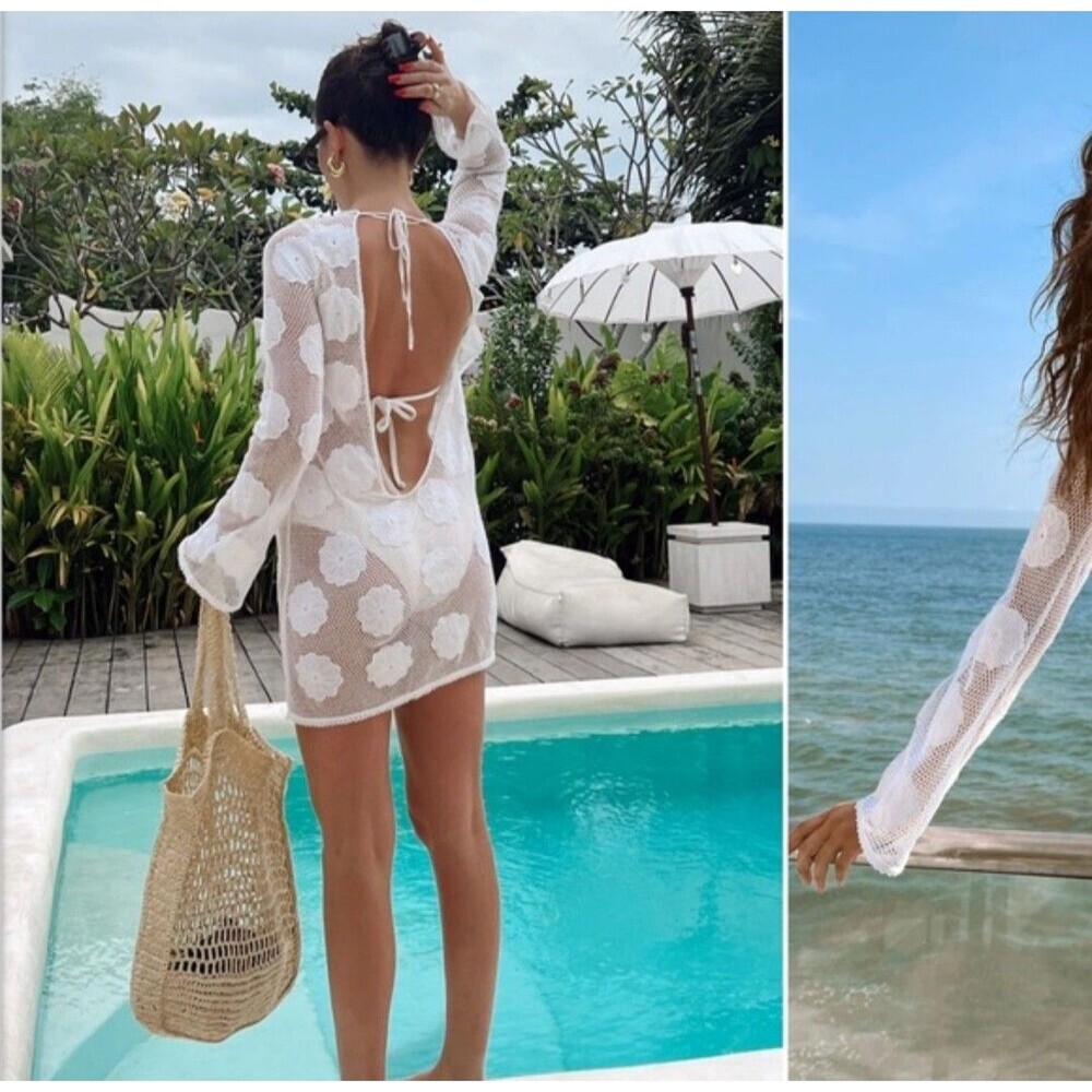 Show Me Your Mumu White Floral Crochet Mini Dress L Swim Cover Up Boho Festival - Picture 2 of 10